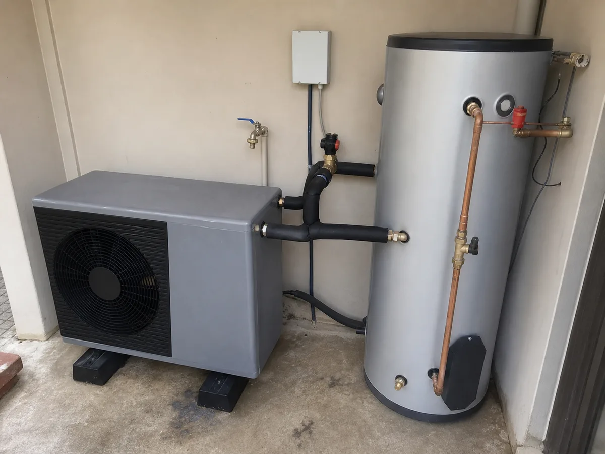 Heat pump and hot-water setup installed in a utility space.