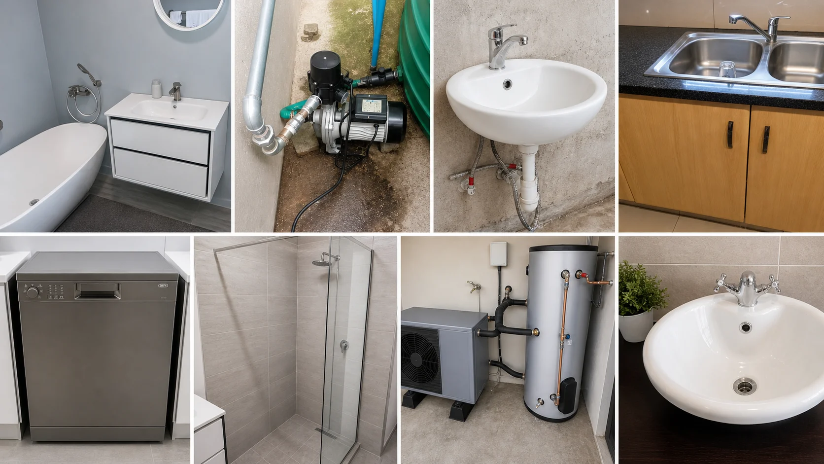 Collage of finished plumbing installations including toilets, basins, sinks, mixer taps and kitchen plumbing details.
