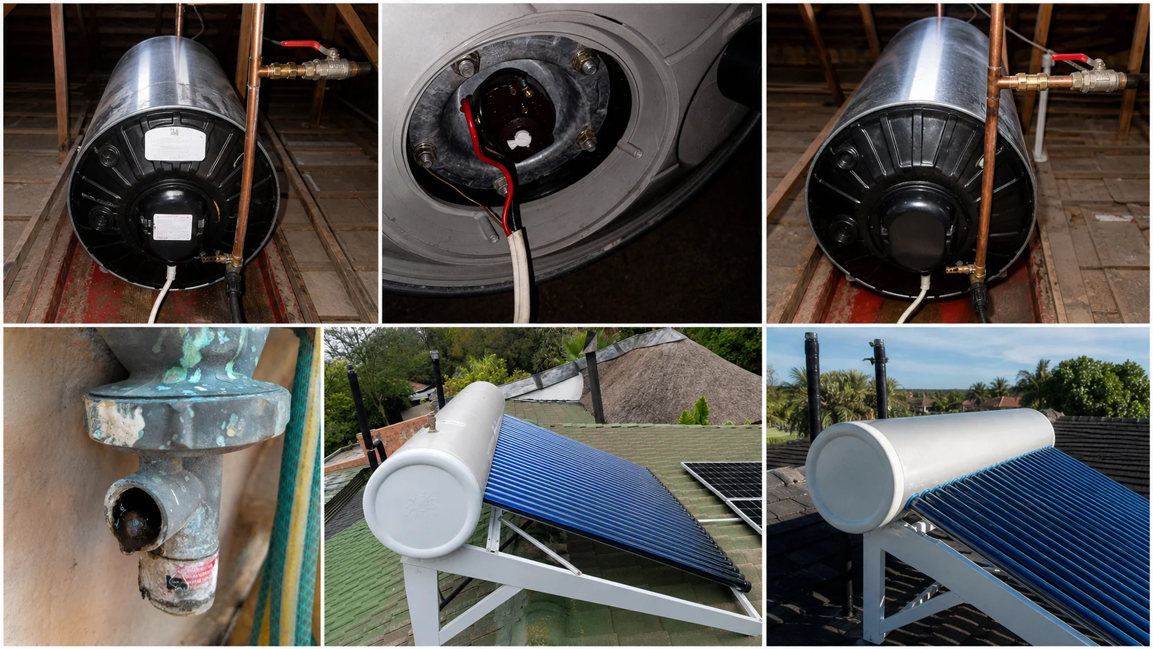Collage of plumbing and heating system work including geyser equipment, solar heating, trench work and supporting installations.